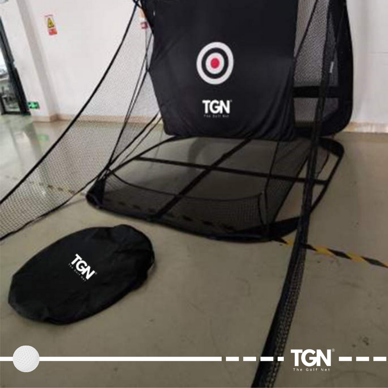 Golf net setup with weighted sandbags
