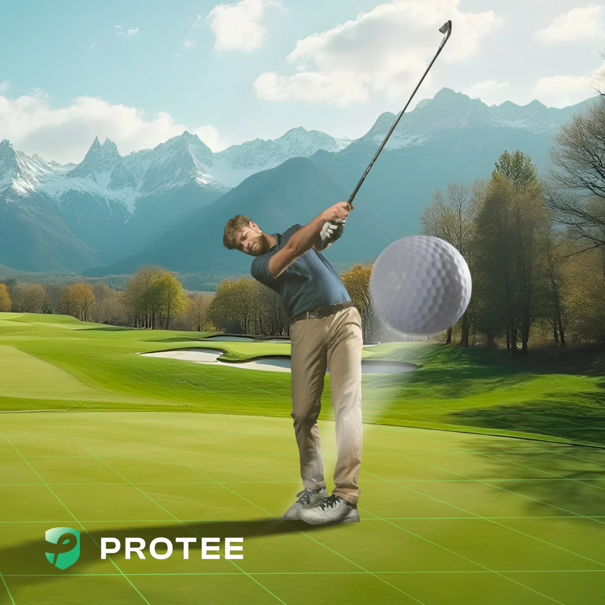 Golfer hitting a drive with the ProTee VX golf simulator on a virtual outdoor course