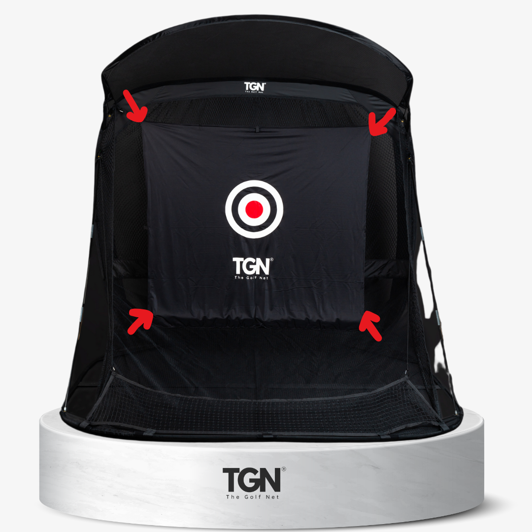 Golf training screen with visible fixings